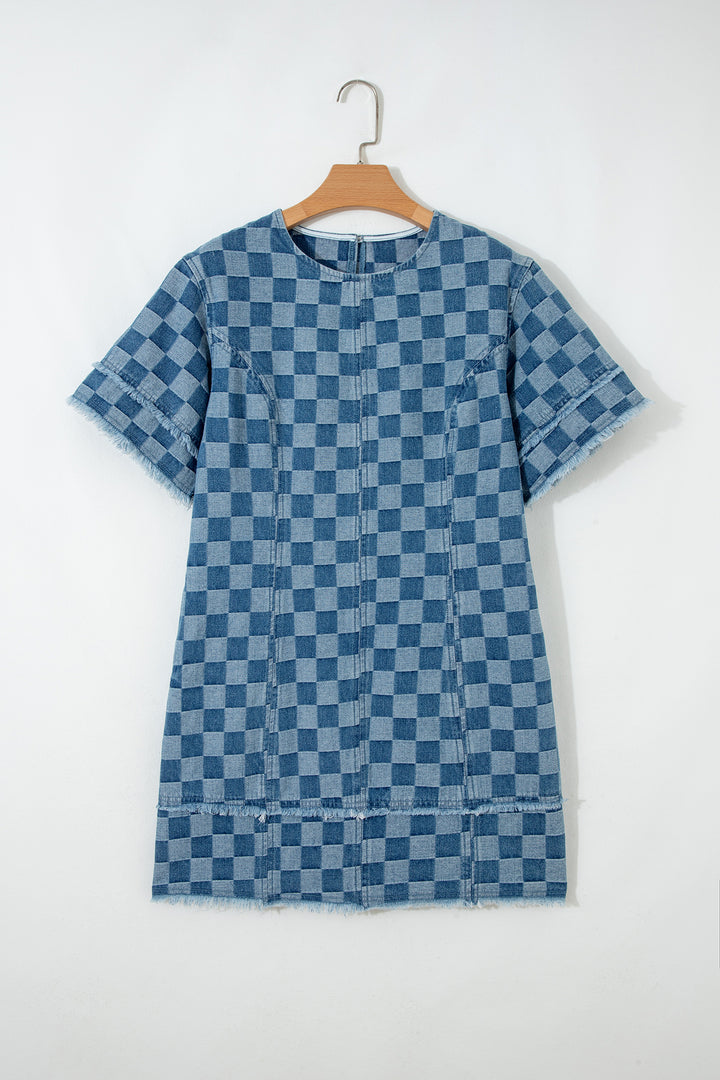 Sky Blue Frayed Hem Checkered Denim Mini Dress