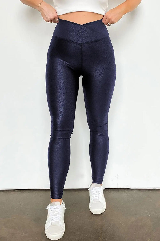 Black Crossed Dip Waist Sleek Leather Leggings - Navy Blue / L / 92%Polyester+8%Elastane