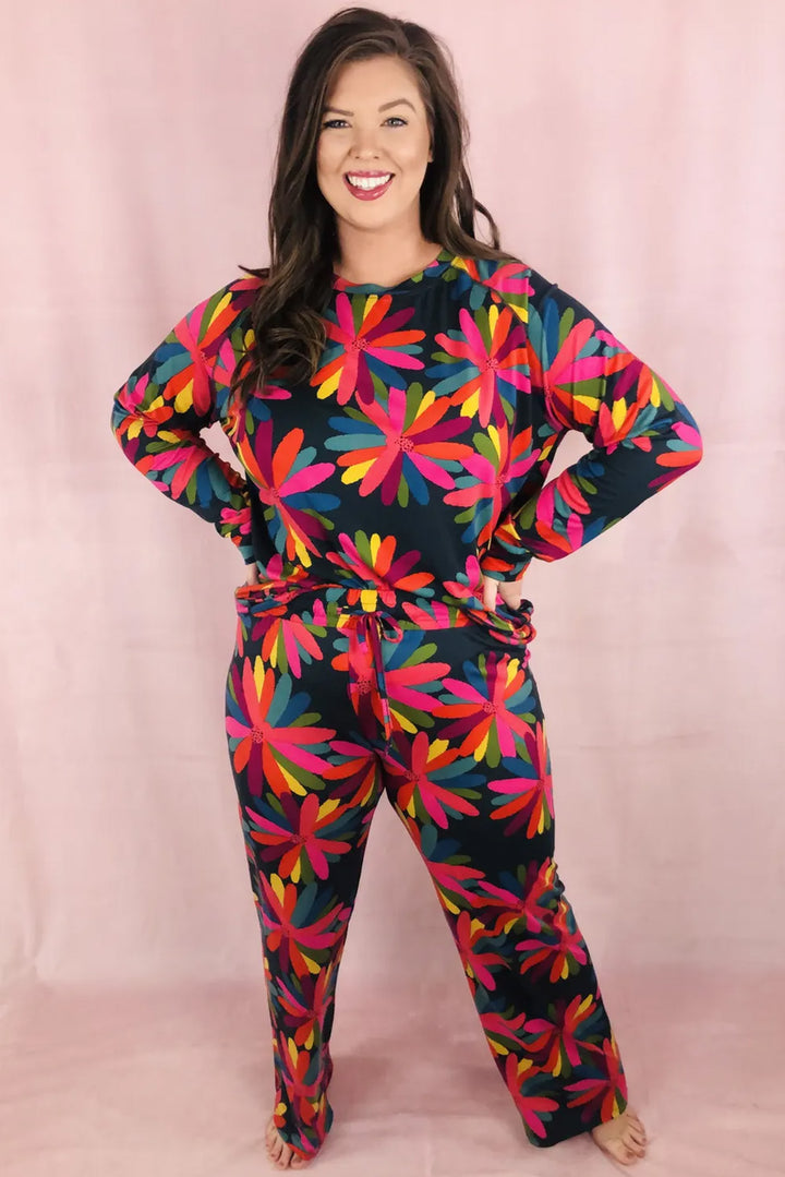 Plus Size Printed Long Sleeve and Pants Lounge Set