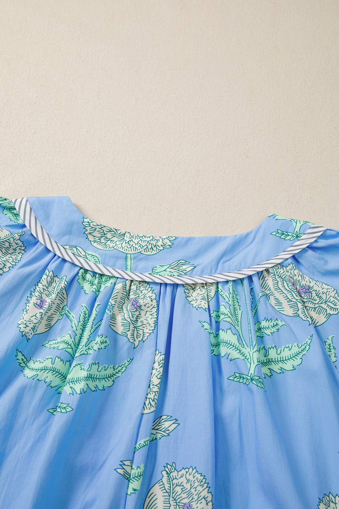 Sky Blue Plus Periwinkle Floral Printed Short Sleeve Striped Trim Split Neck Mini Dress