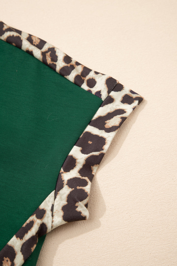 Green Leopard Trim Round Neck Loose T Shirt