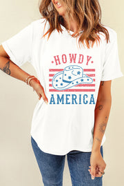 a woman wearing a white t - shirt that says howdy america