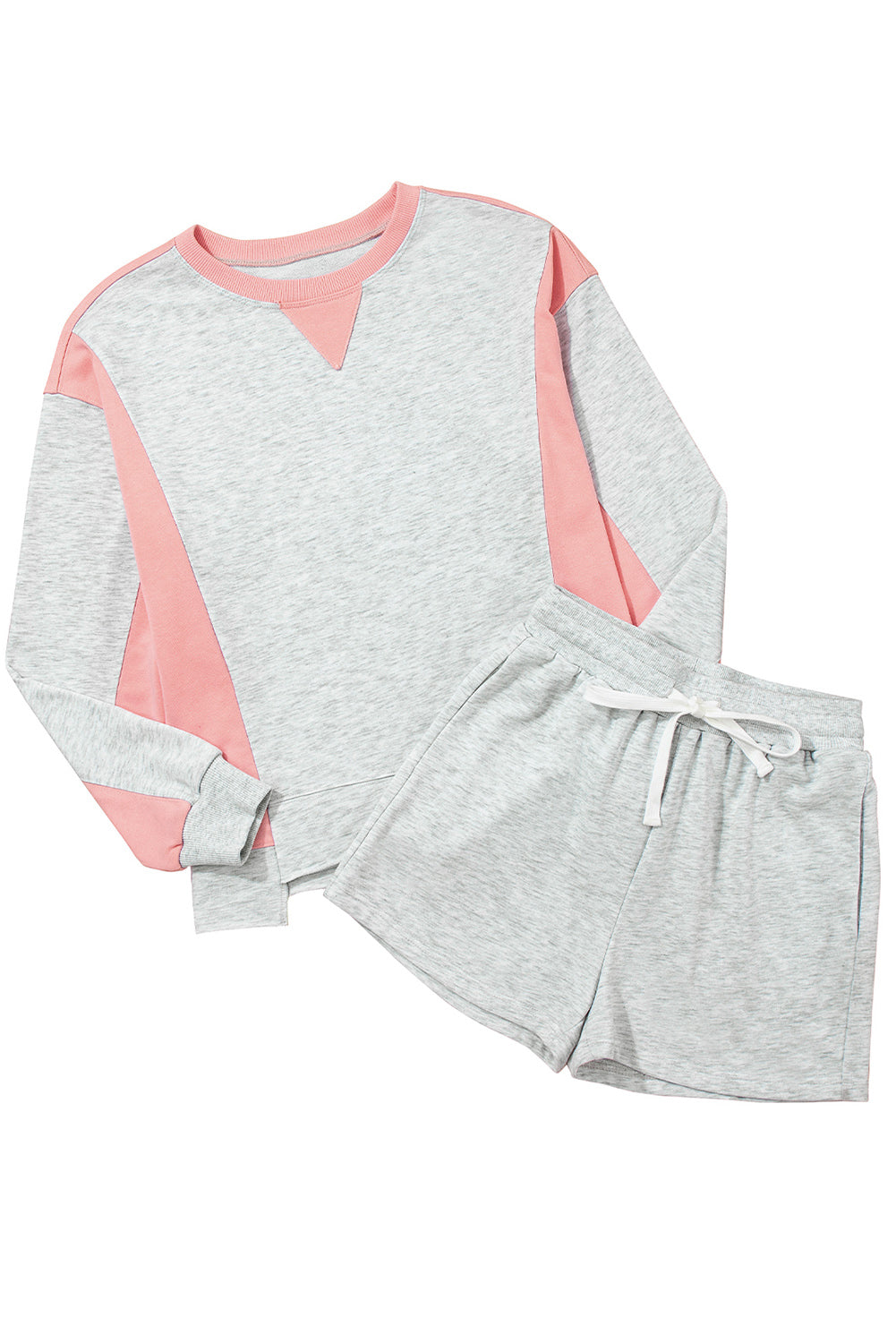Light Grey Color Block Raw Hem Pullover and Casual Shorts Set