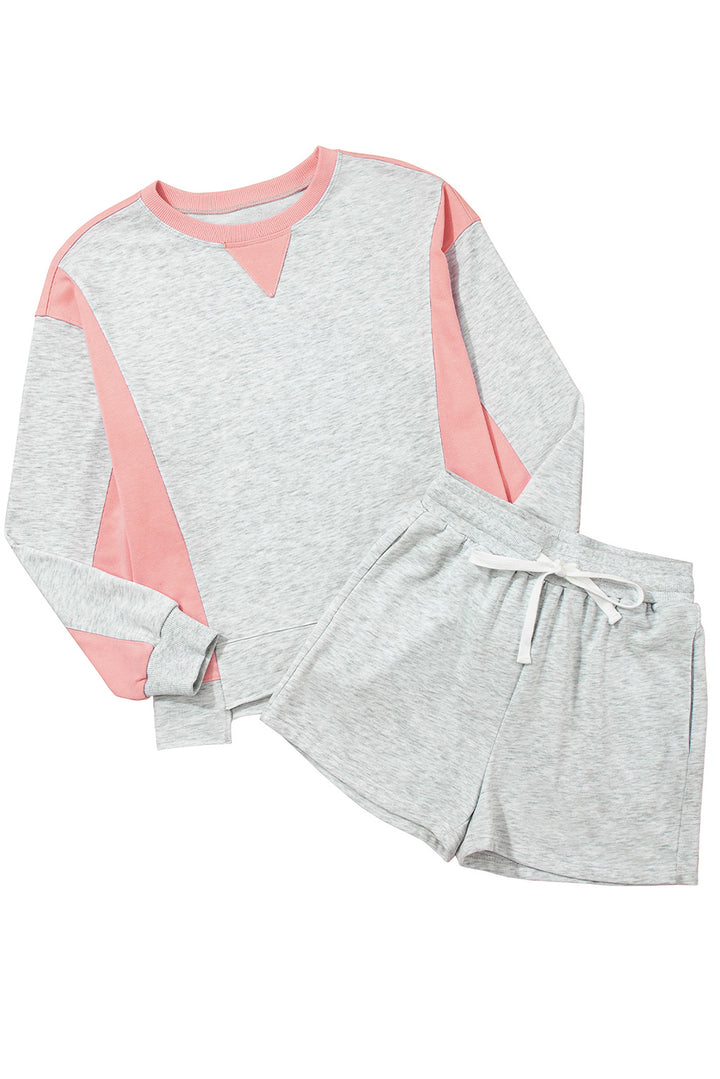 Light Grey Color Block Raw Hem Pullover and Casual Shorts Set