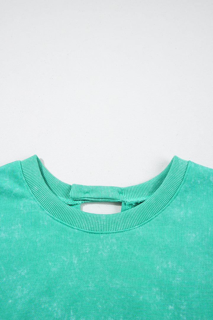 Sea Green Mineral Wash Drawstring Waist Hollow Out Back Short Sleeve Romper