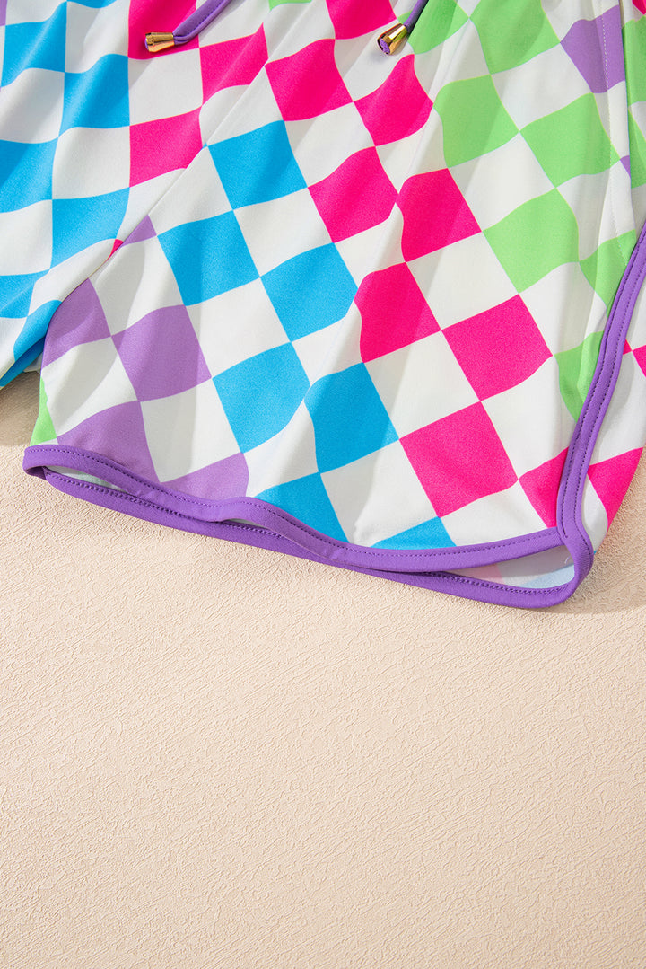 Multicolour Checkered Drawstring Elastic Waist Casual Shorts