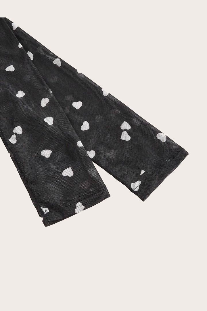 Black Heart Shape Mesh Patchwork Square Neck Bodysuit