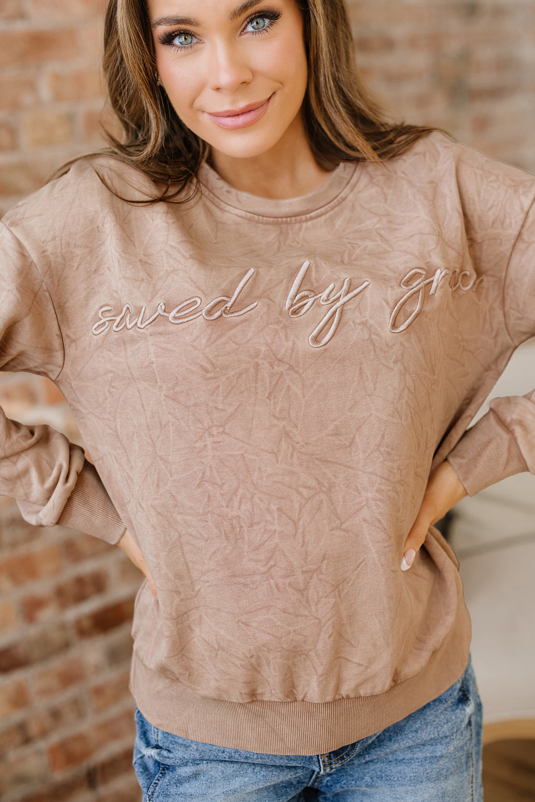 saved by grace Letter Embroidery Mineral Wash Loose Sweatshirt