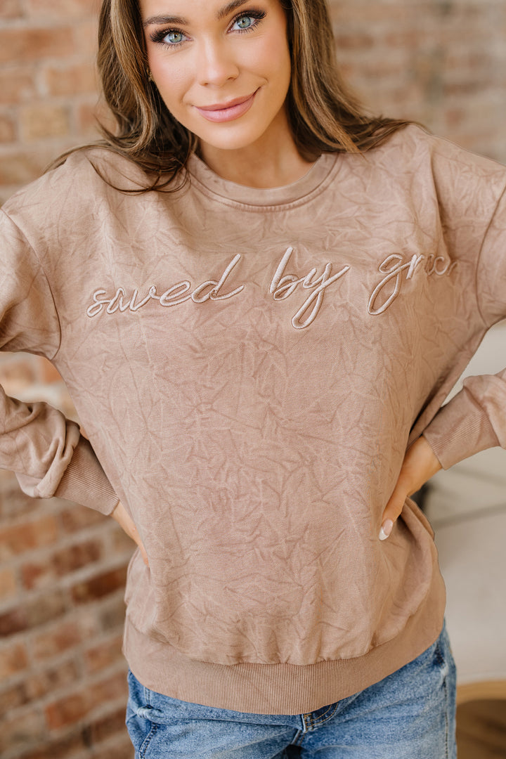saved by grace Letter Embroidery Mineral Wash Loose Sweatshirt