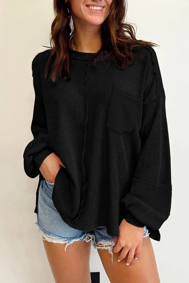 Pink Exposed Seam Patchwork Bubble Sleeve Waffle Knit Top - Black / 2XL / 62.7%Polyester+37.3%Cotton