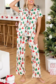 White Printed Christmas Pattern Buttoned Two Piece Sleepwear - White Printed / L