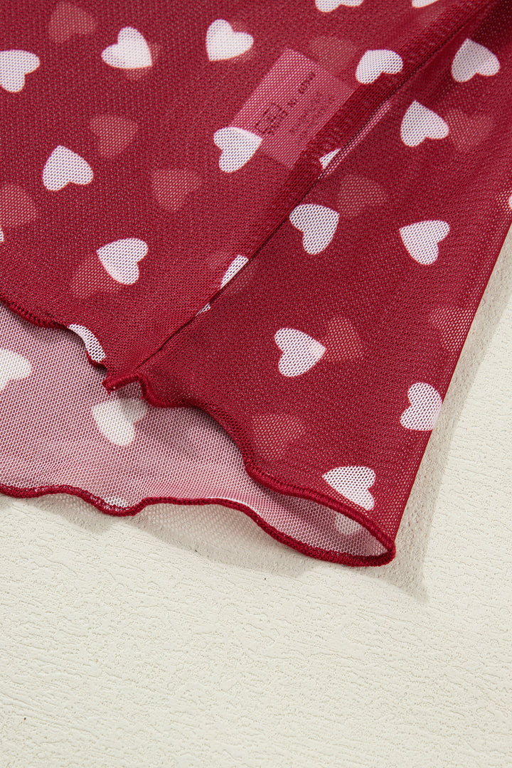 Racing Red Allover Heart Print Mesh Short Sleeve Top