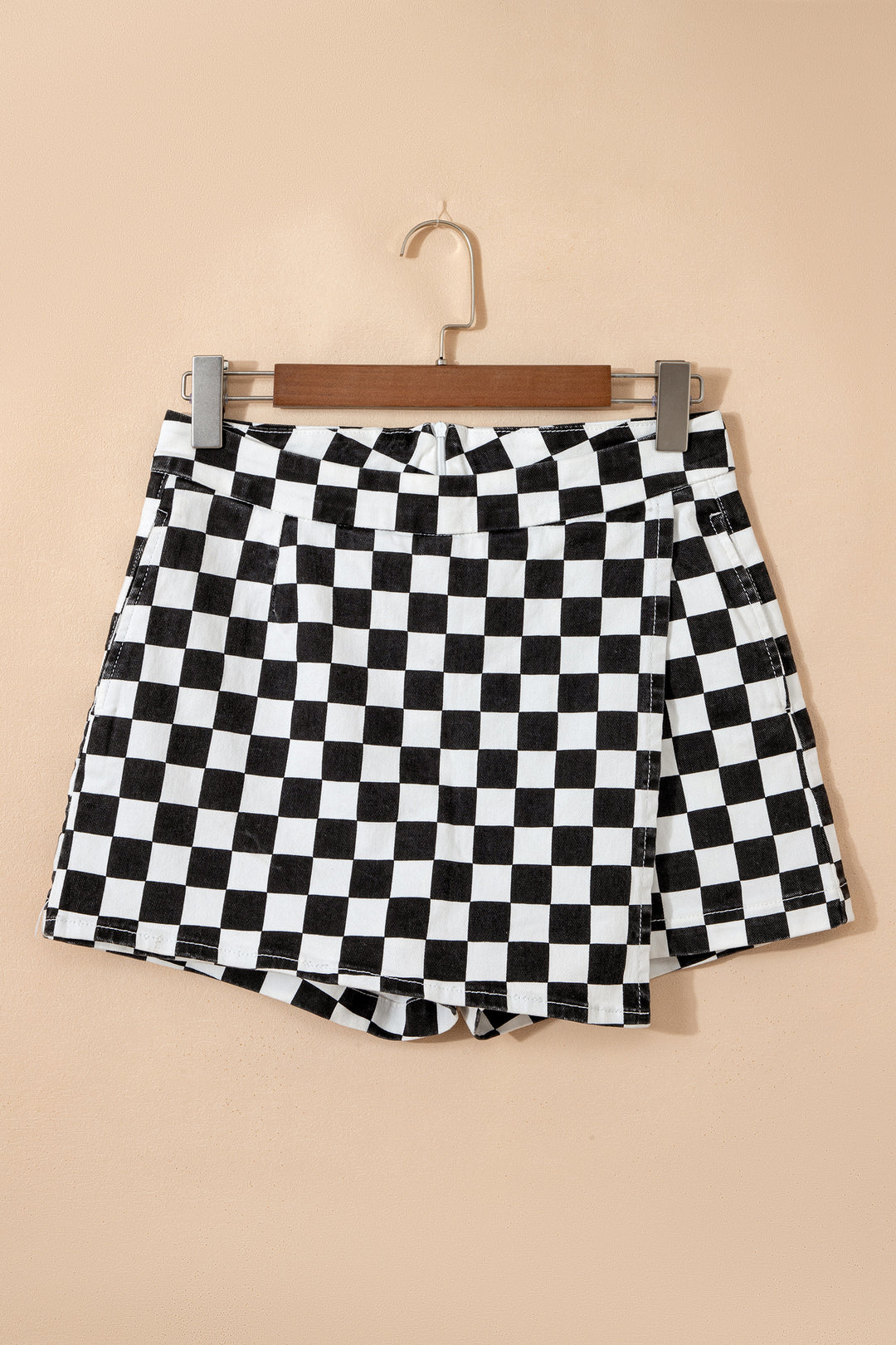 Black Checkered Print Overlap Denim Shorts