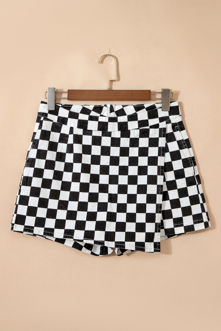 Black Checkered Print Overlap Denim Shorts