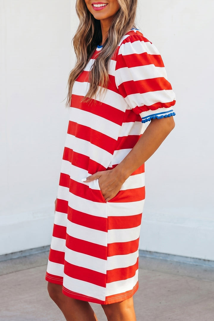 Stripe Contrast Trim Round Neck Short Puff Sleeve Shift Mini Dress