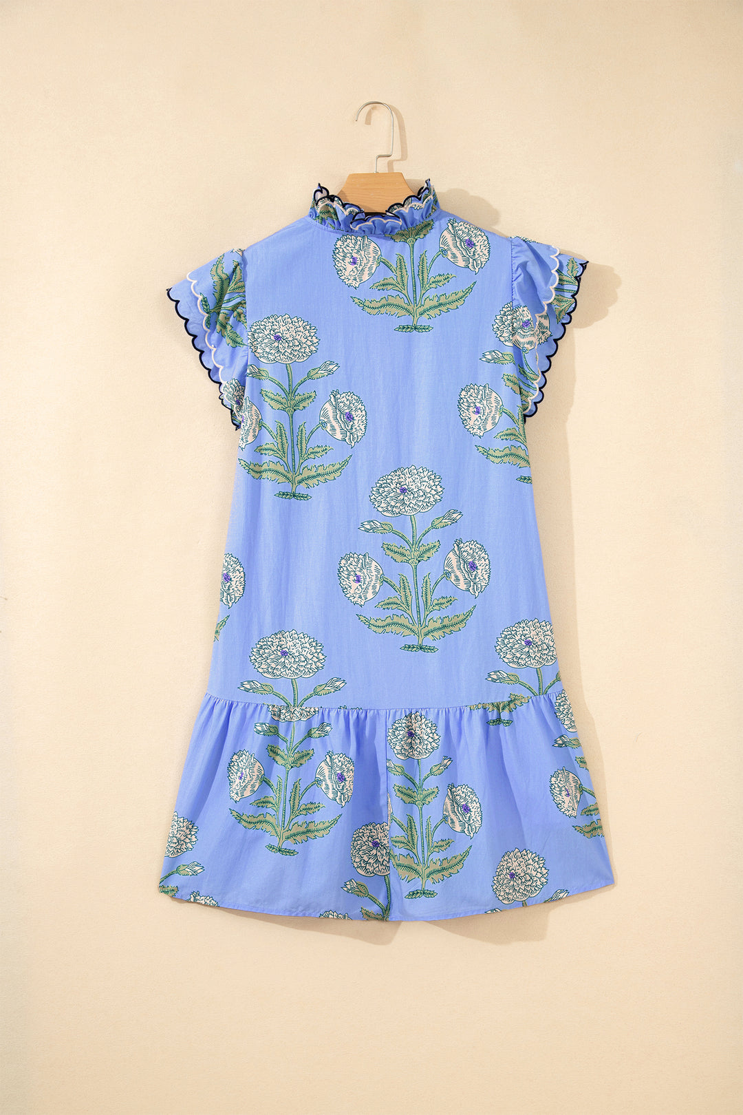 Wild Floral Print Scalloped Embroidery Trim V Neck Drop Waist Mini Dress