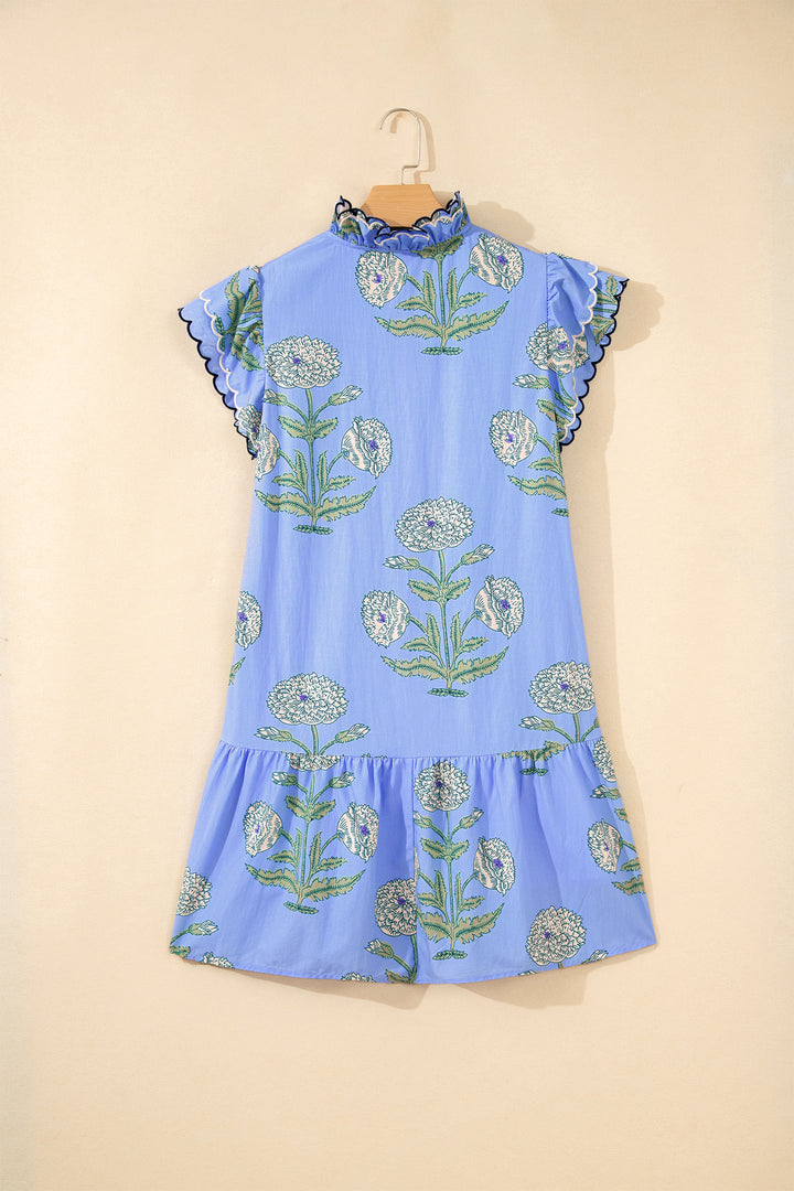 Wild Floral Print Scalloped Embroidery Trim V Neck Drop Waist Mini Dress