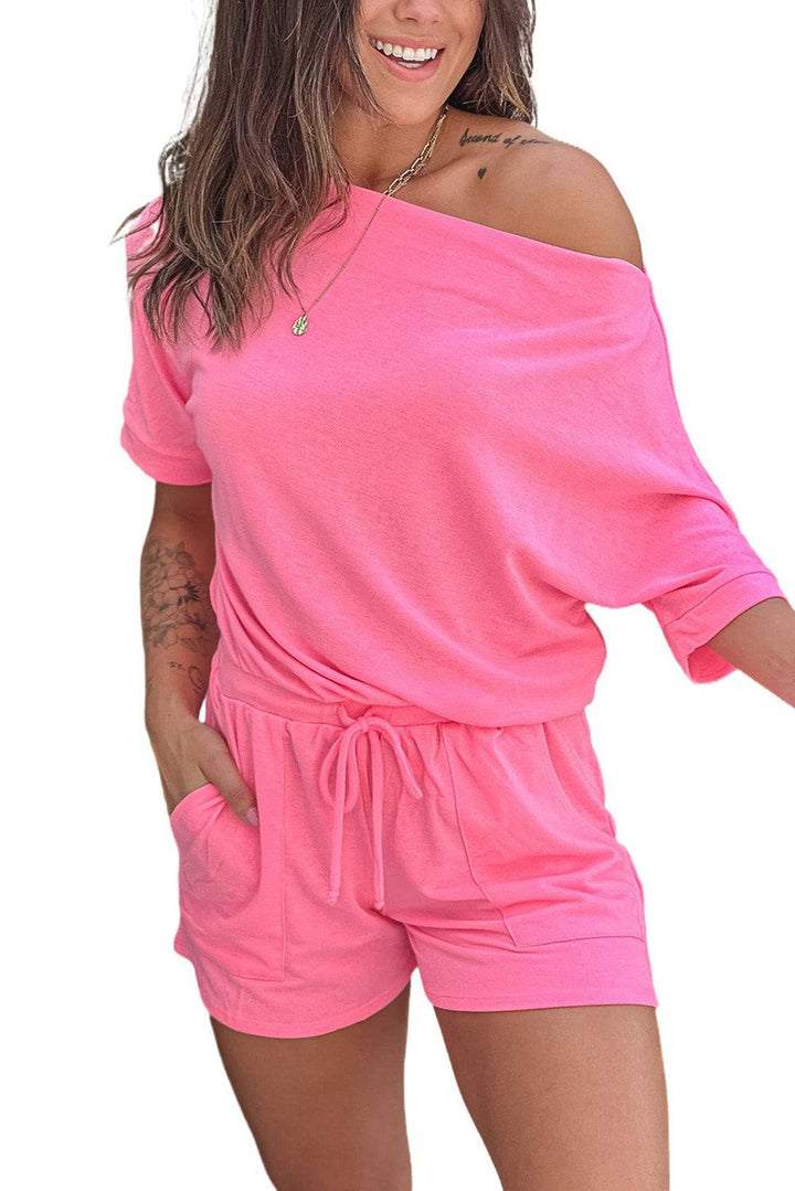 Pink Asymmetrical Short Sleeves Drawstring Pocket Romper -