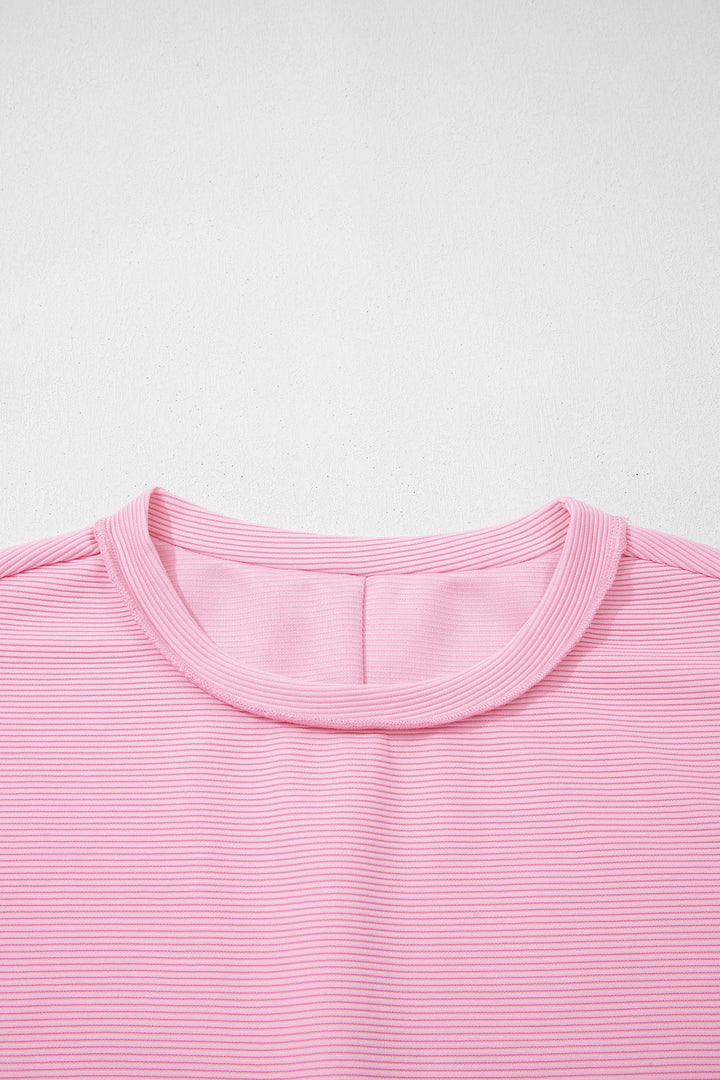 Pink Horizontal Ribbed Exposed Seam Detail Drop Shoulder Baggy Pullover