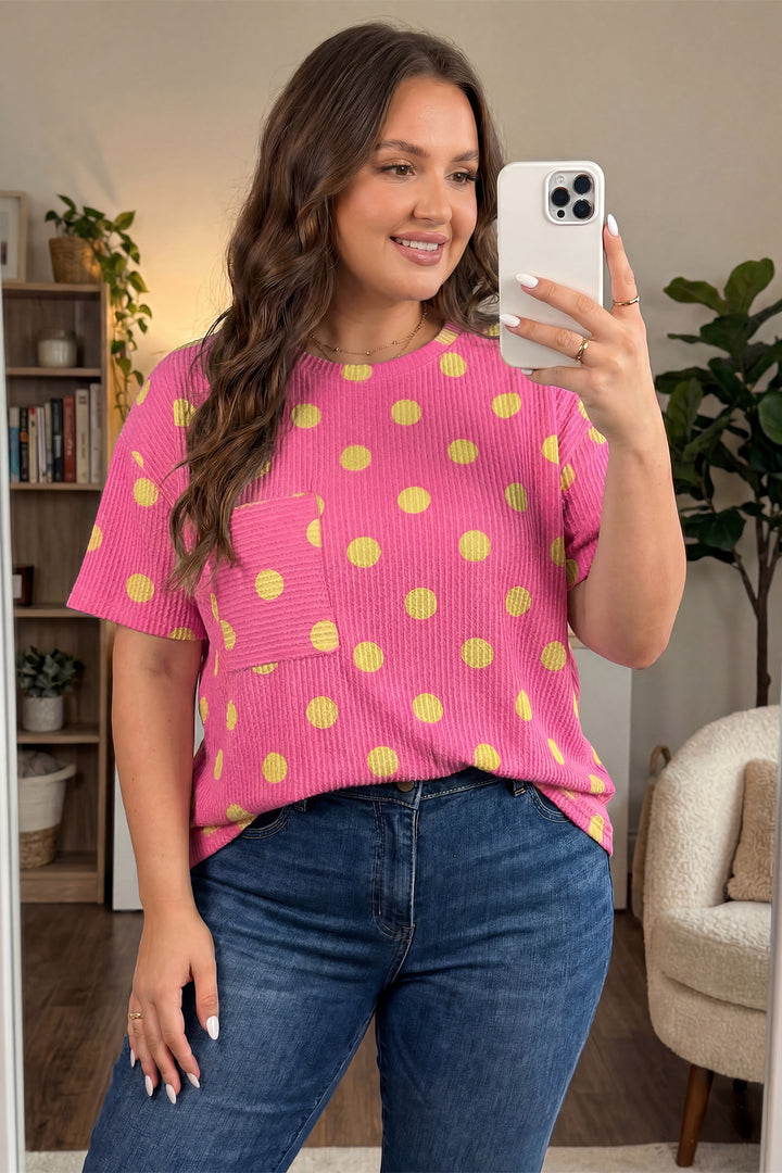 Twisted Rib Polka Dot Print Plus Size T Shirt