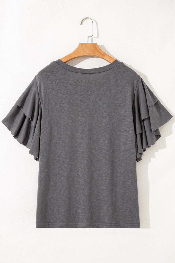 Dark Grey Double Ruffled Short Sleeve Plus Size Top