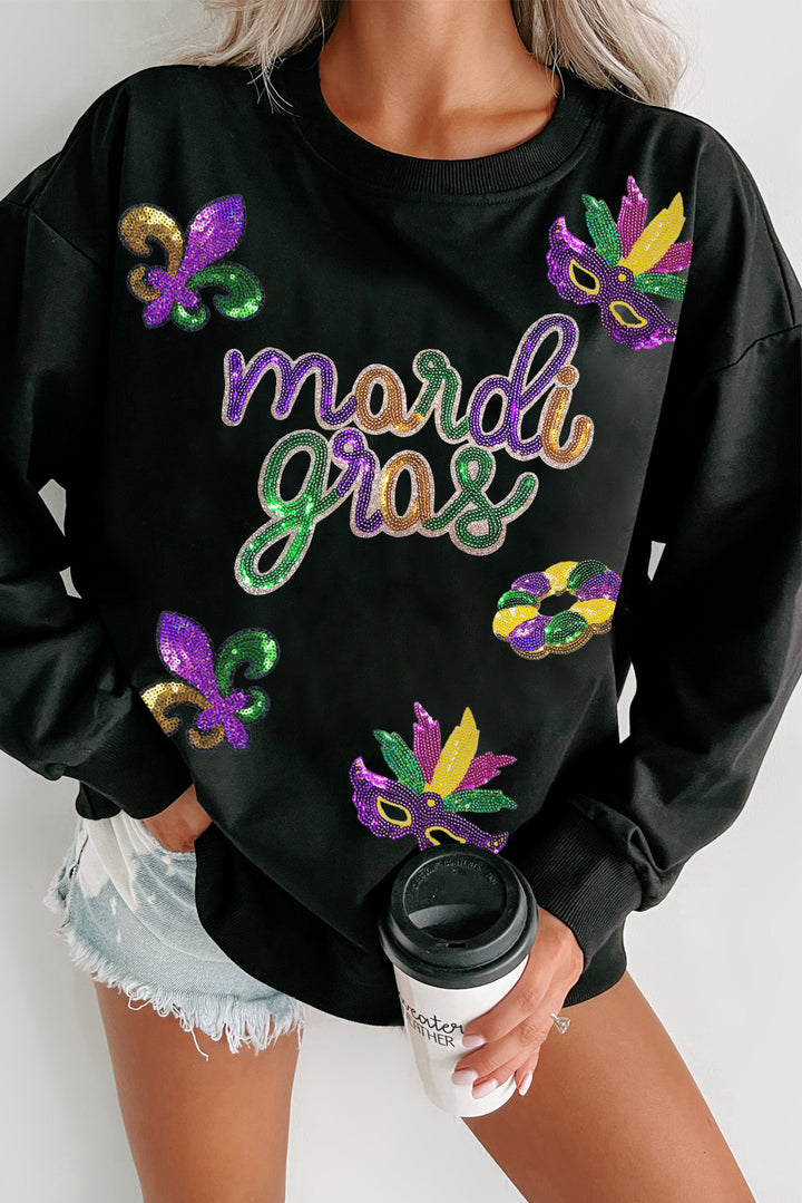 Black Mardi gras Fleur de Lis Graphic Pullover Sweatshirt