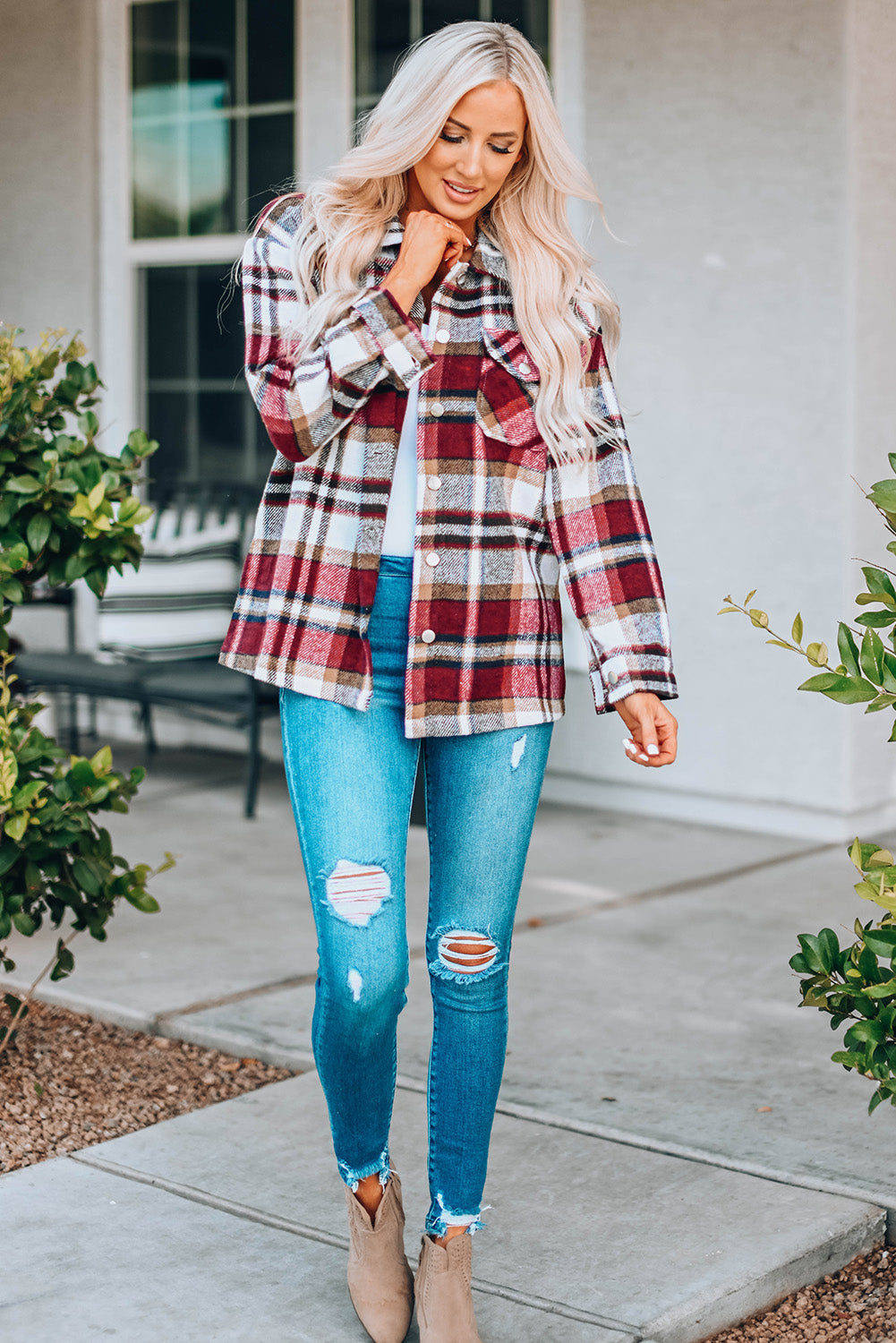 Geometric Plaid Print Pocketed Shacket -