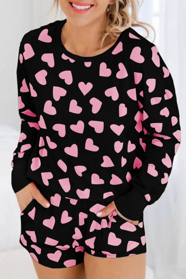 Heart Print Long Sleeve Top and Shorts Loungewear Set - Black / L