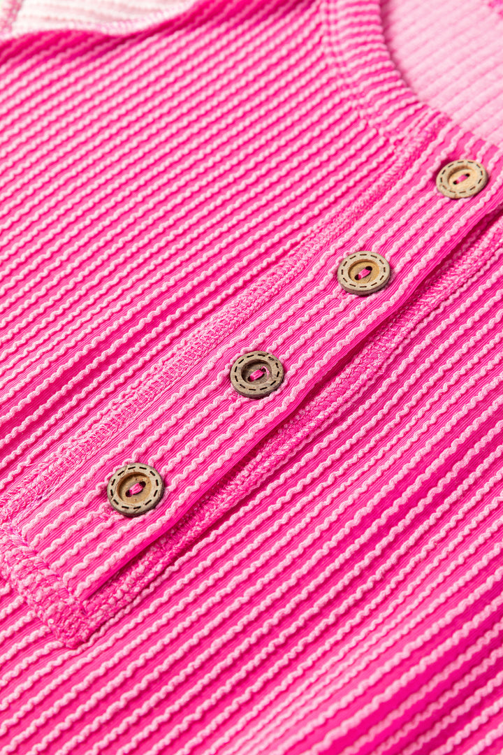 Bright Pink Twisted Ribbed Color Block Patchwork Henley Short Sleeve T Shirt