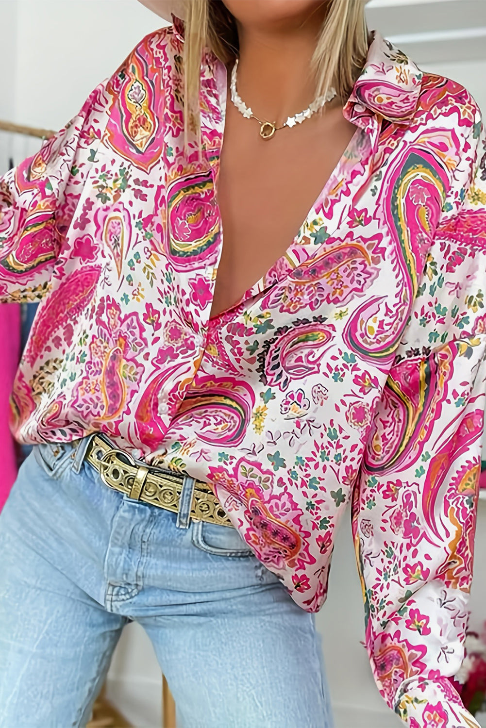 Pink Floral Paisley Print Boho Shirt