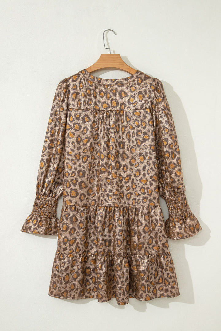 Khaki Leopard Print V Neck Ruffled Sleeve Tiered Loose Mini Dress