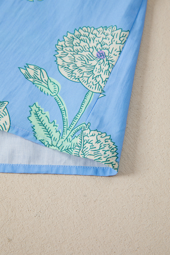 Sky Blue Plus Periwinkle Floral Printed Short Sleeve Striped Trim Split Neck Mini Dress