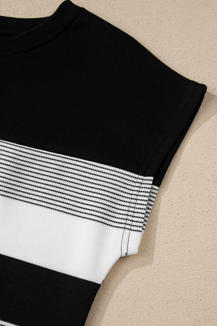 Stripe Mixed Print Crew Neck Cap Sleeve T Shirt