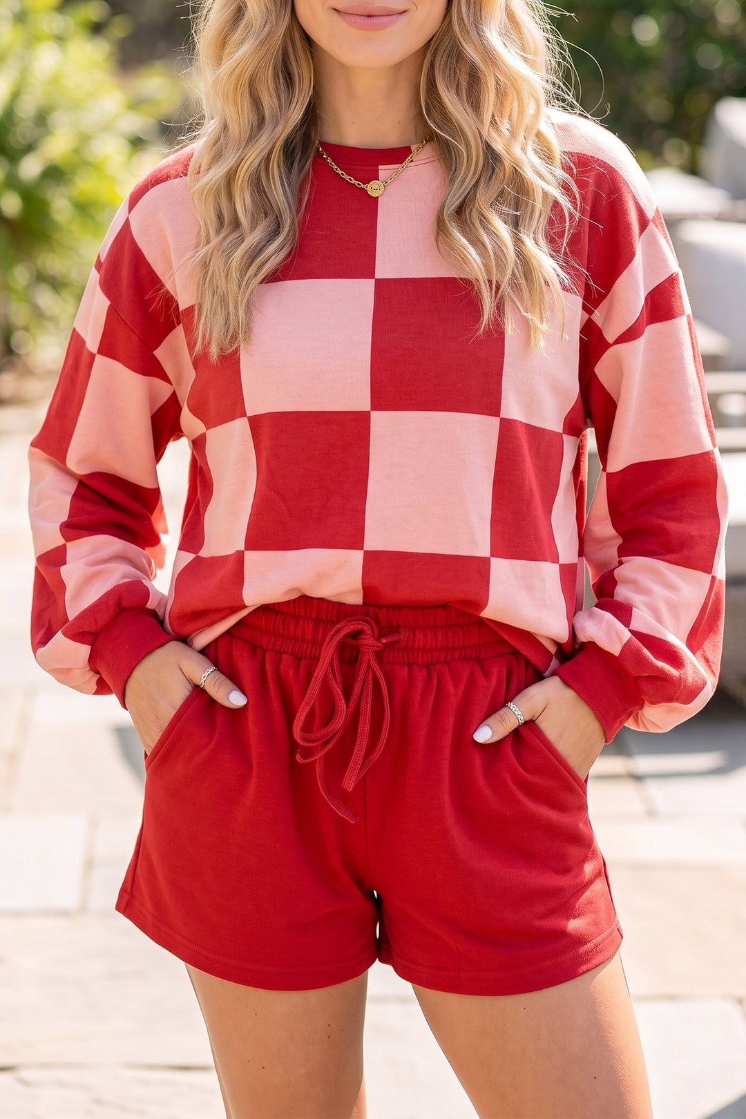 Checkerboard Plaid Long Sleeve Solid Color Shorts 2pcs Set