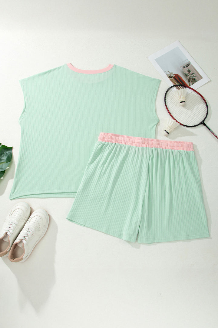 Plus Size Ribbed Color Block Trim Drawstring Shorts 2pcs Set