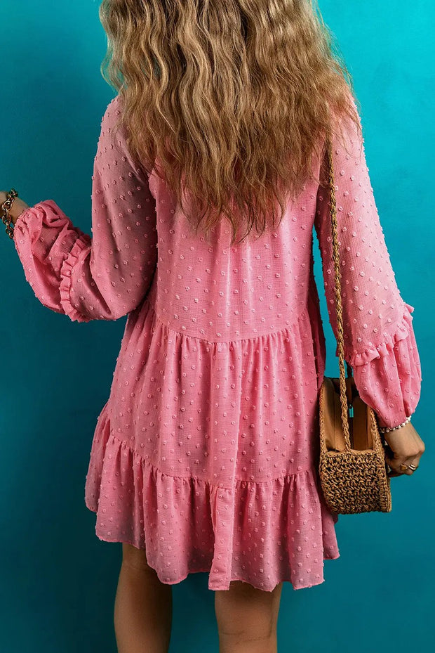 Pink Swiss Dotted Split Neck Tiered Ruffled Short Dress -