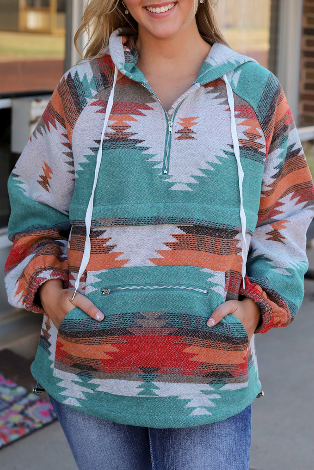 Multicolor Aztec Print Zipped Split Neck Hoodie