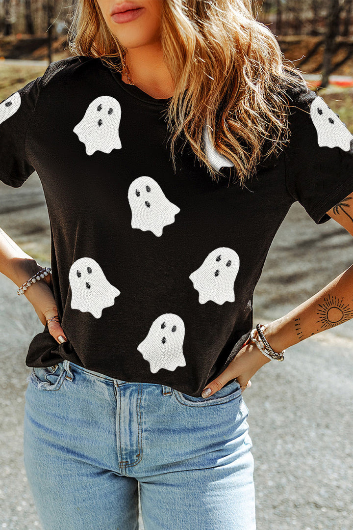 Sequin Halloween Ghost Patched Casual T Shirt