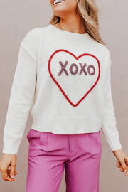White Heart XOXO Pattern Casual Knitted Sweater - White / L