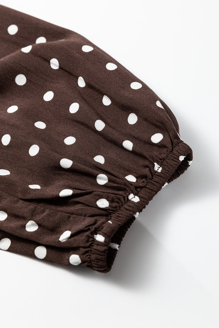 Chicory Coffee Polka Dot Long Sleeve Wrap V Neck Ruffle Hem Mini Dress