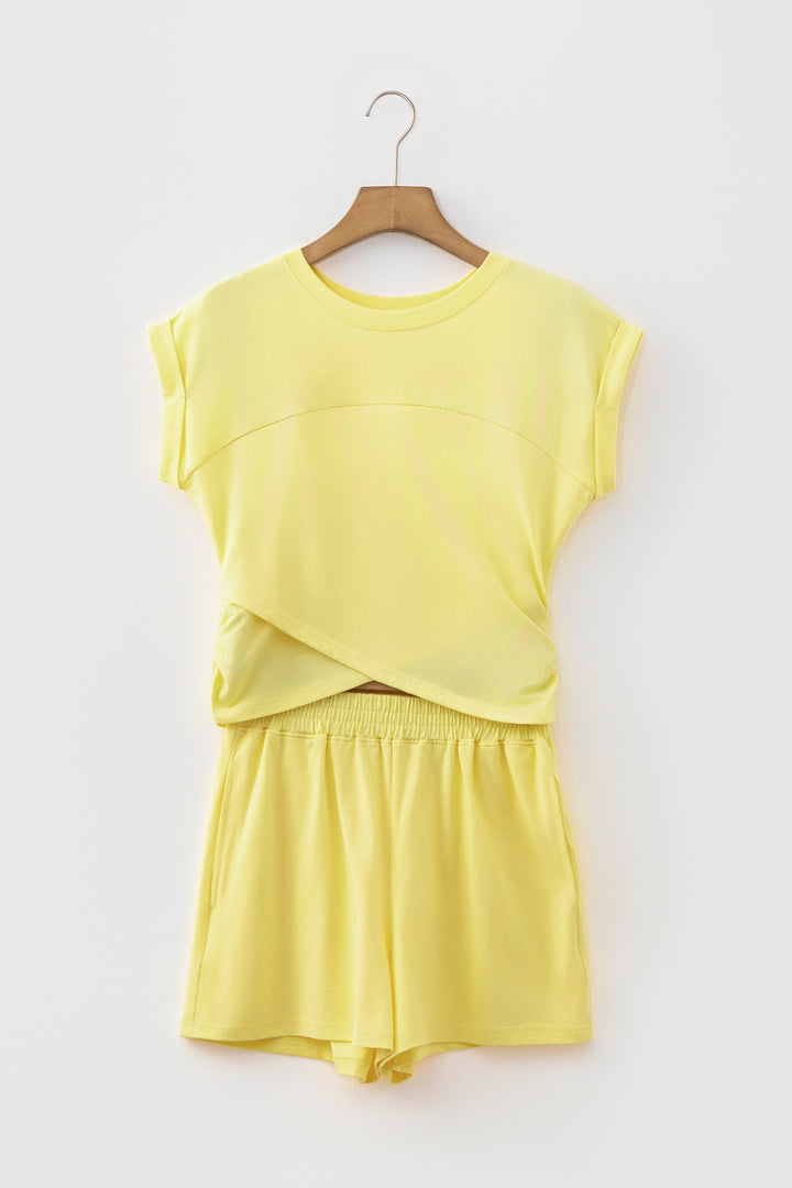 Solid Short Sleeve Elastic Waist Pocket Casual Two-Piece Short Set