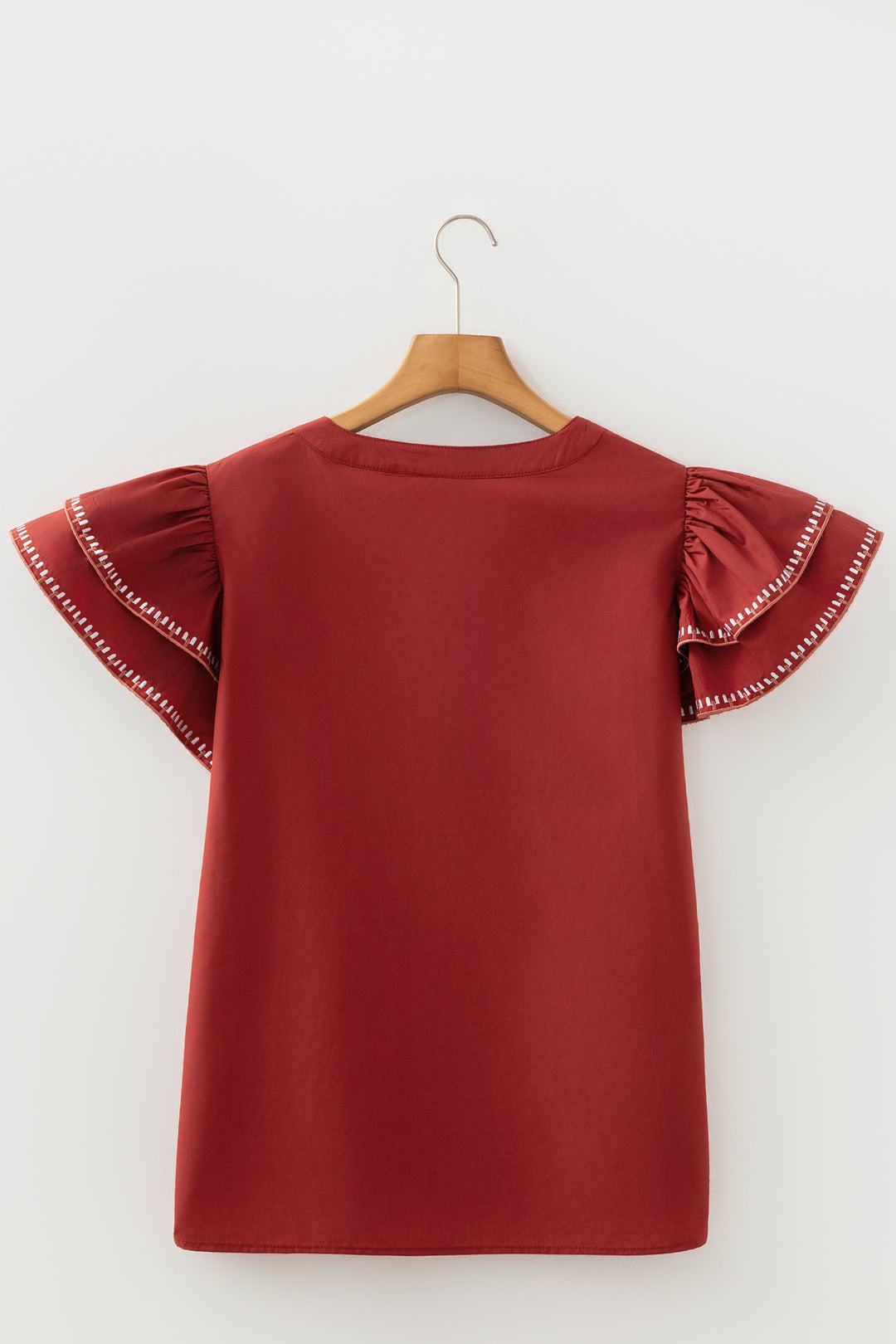 Clay Contrast Trim Flutter Sleeve V Neck Blouse