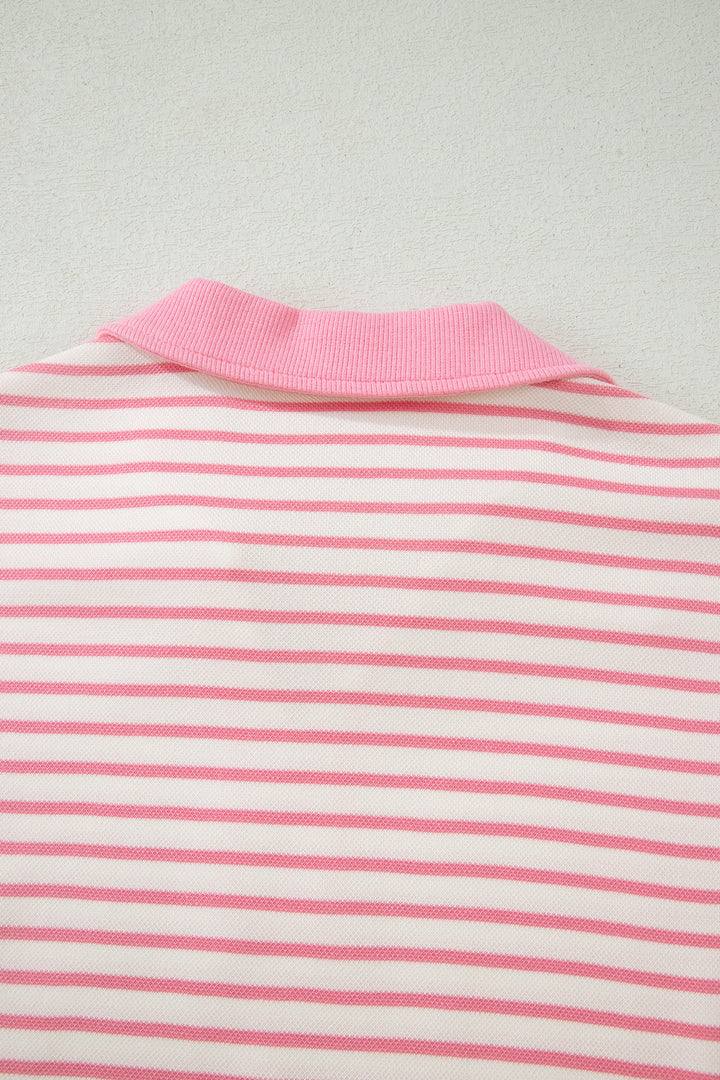 Pink Stripe Color Block Patchwork Polo Tee Drawstring Elastic Waist 2pcs Skort Set