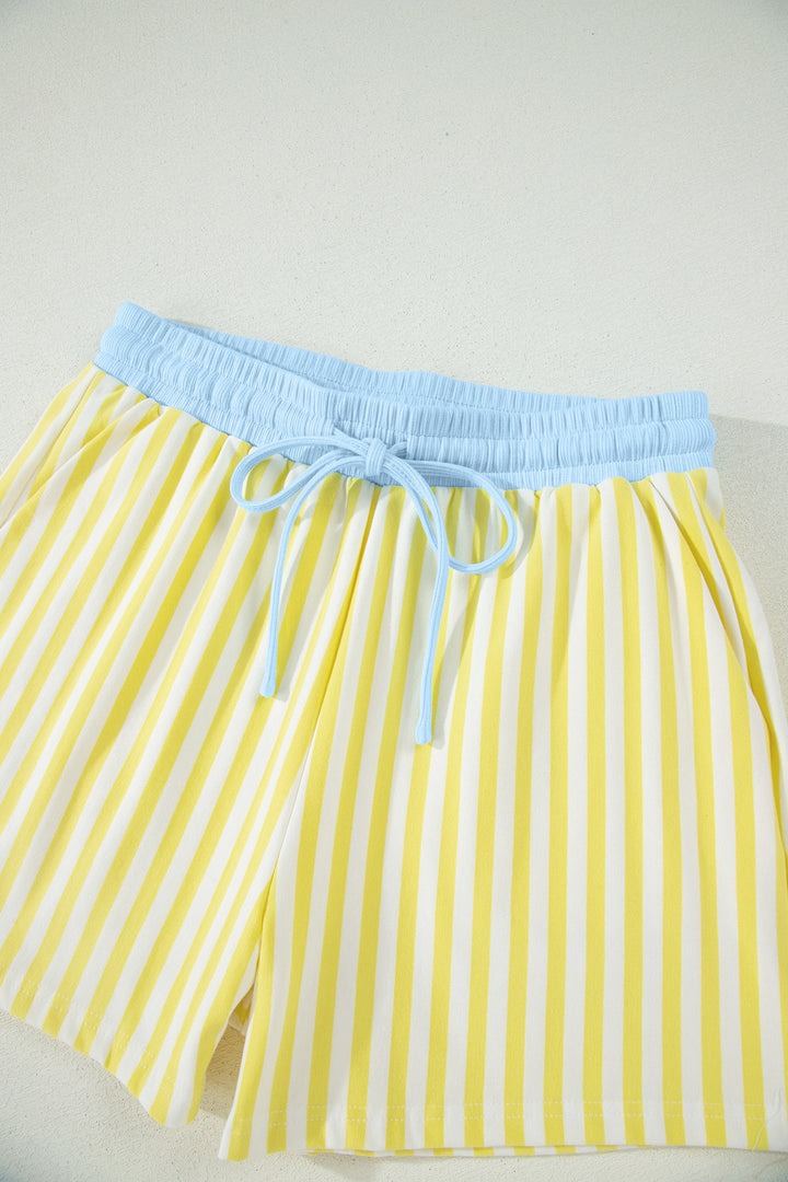 Stripe Colorblock Trim V Neck Tee Drawstring Elastic Waist Short Set
