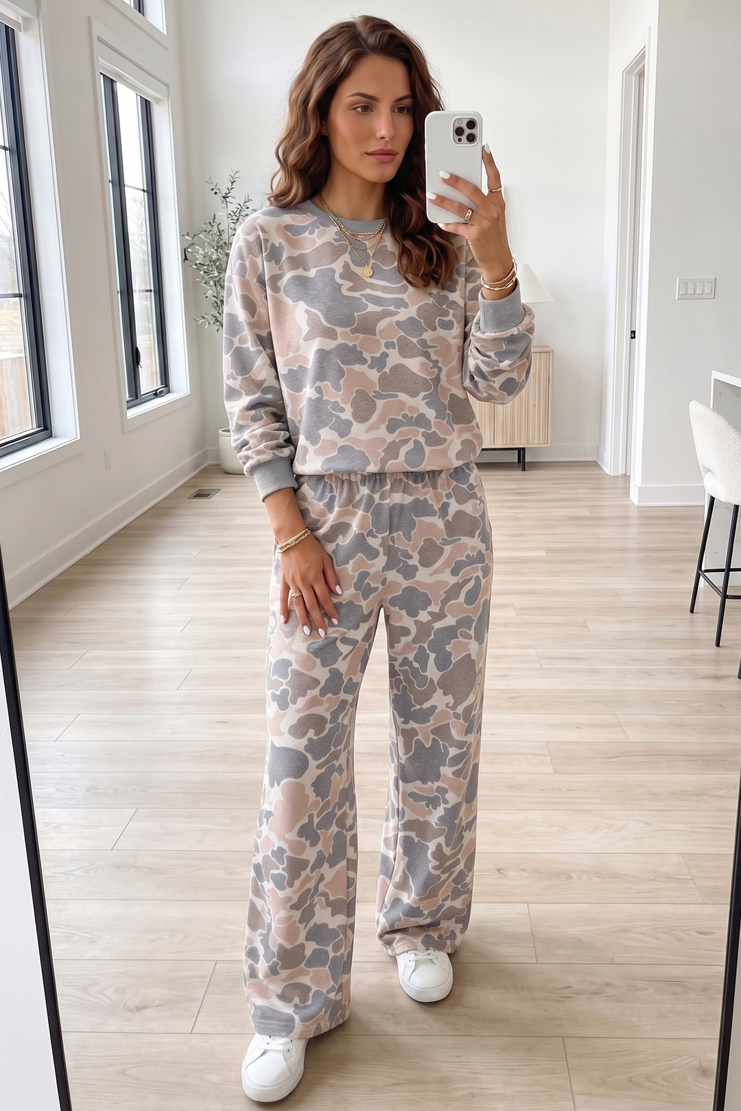 Multicolour Camouflage Print Long Sleeve Top Loose 2pcs Pants Set