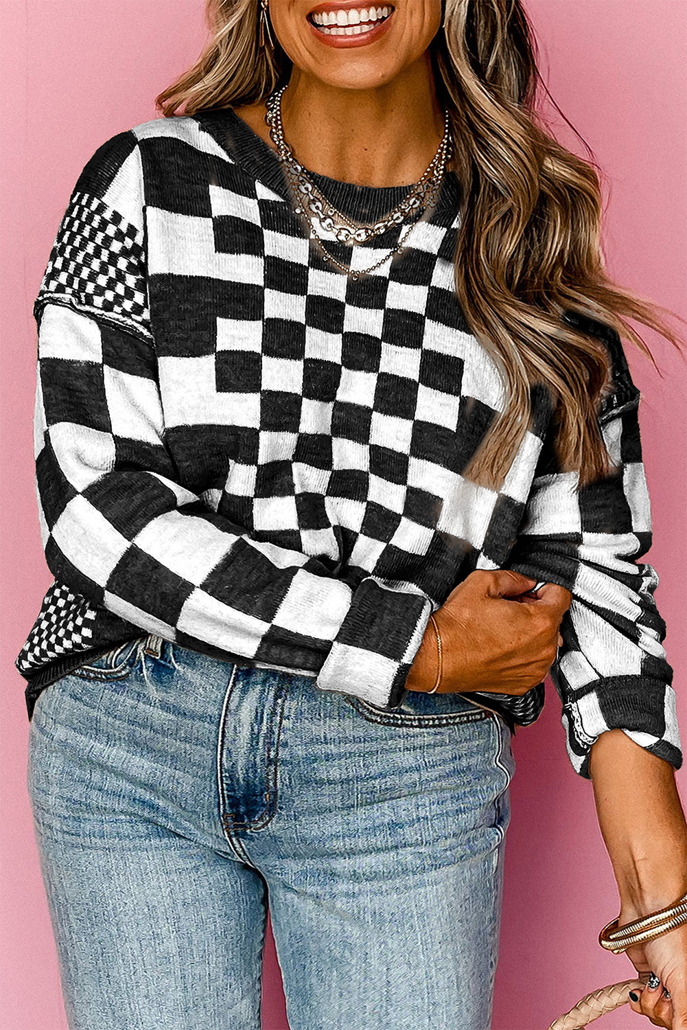 Checkered Print Drop Shoulder Round Neck Sweater