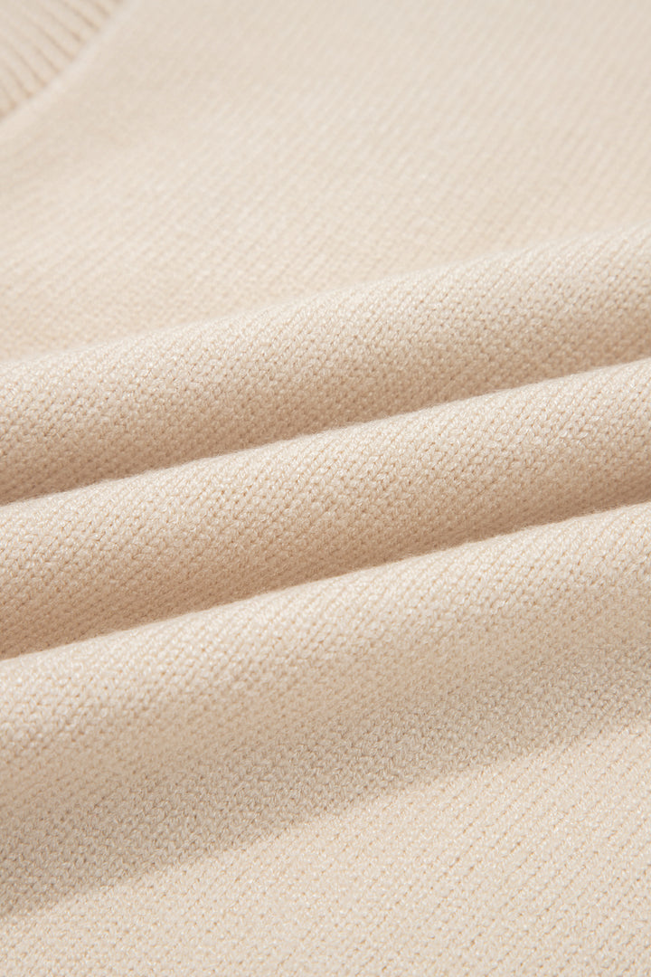 Parchment Corded Horseshoes Ribbed Trim Mock Neck Short Sleeve Sweater