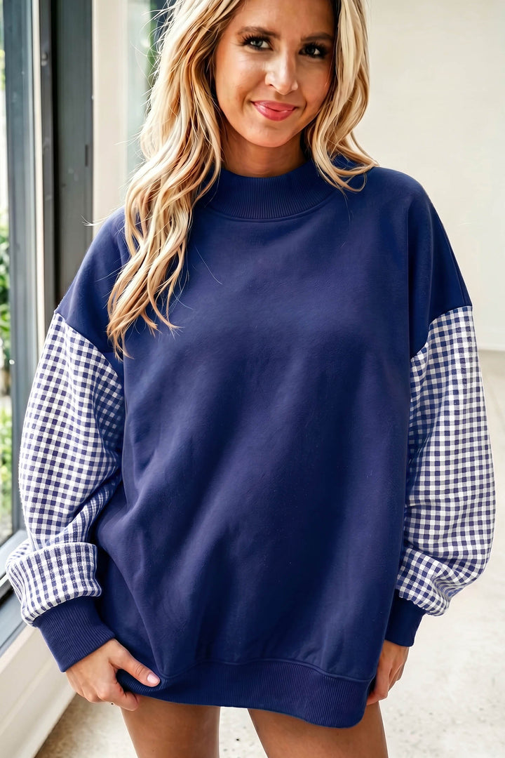 Plaid Sleeve Color block Loose Tunic Sweatshirt