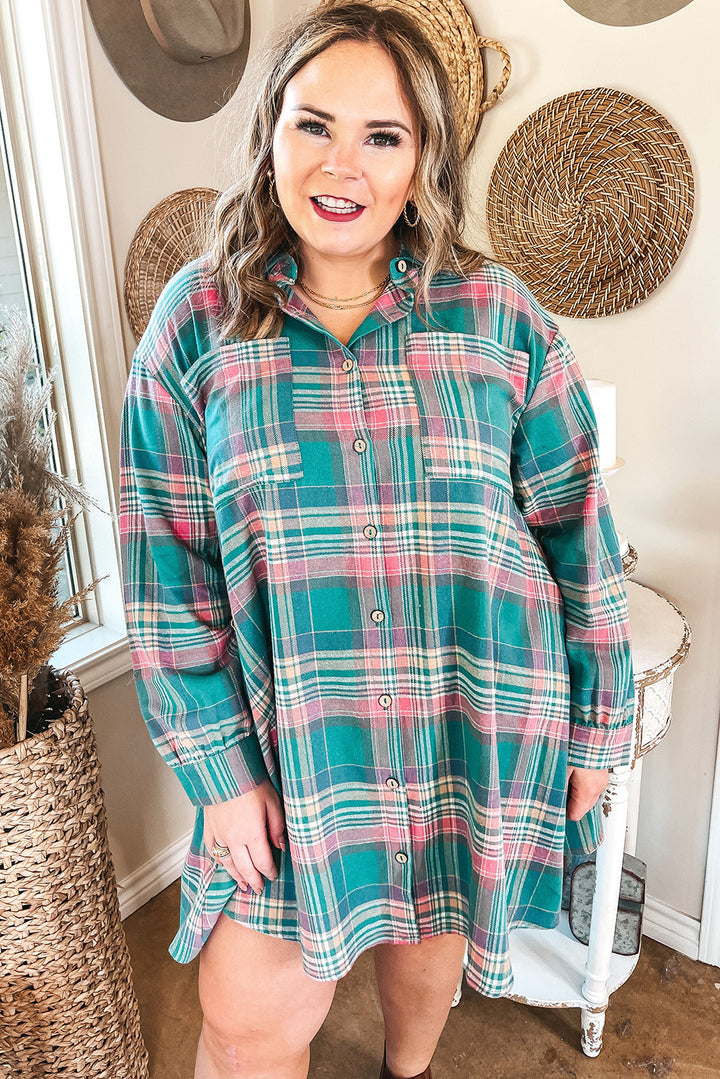 Green Plaid Button-Up Shift Long Sleeve V Neck Plus Size Dress