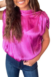 Bright Pink Ruched Sleeves Knotted Backless Blouse -